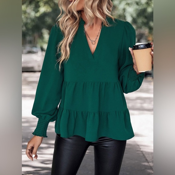 Notched Neck Lantern Sleeve Blouse - Picture 1 of 4